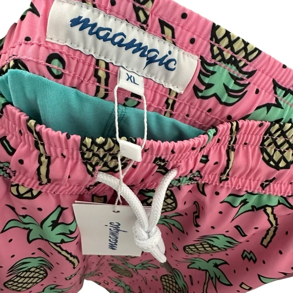 Maamgic Mens Pineapple Graphic Swim Trunks Size XL Pink Yellow Lined Zip Pocket